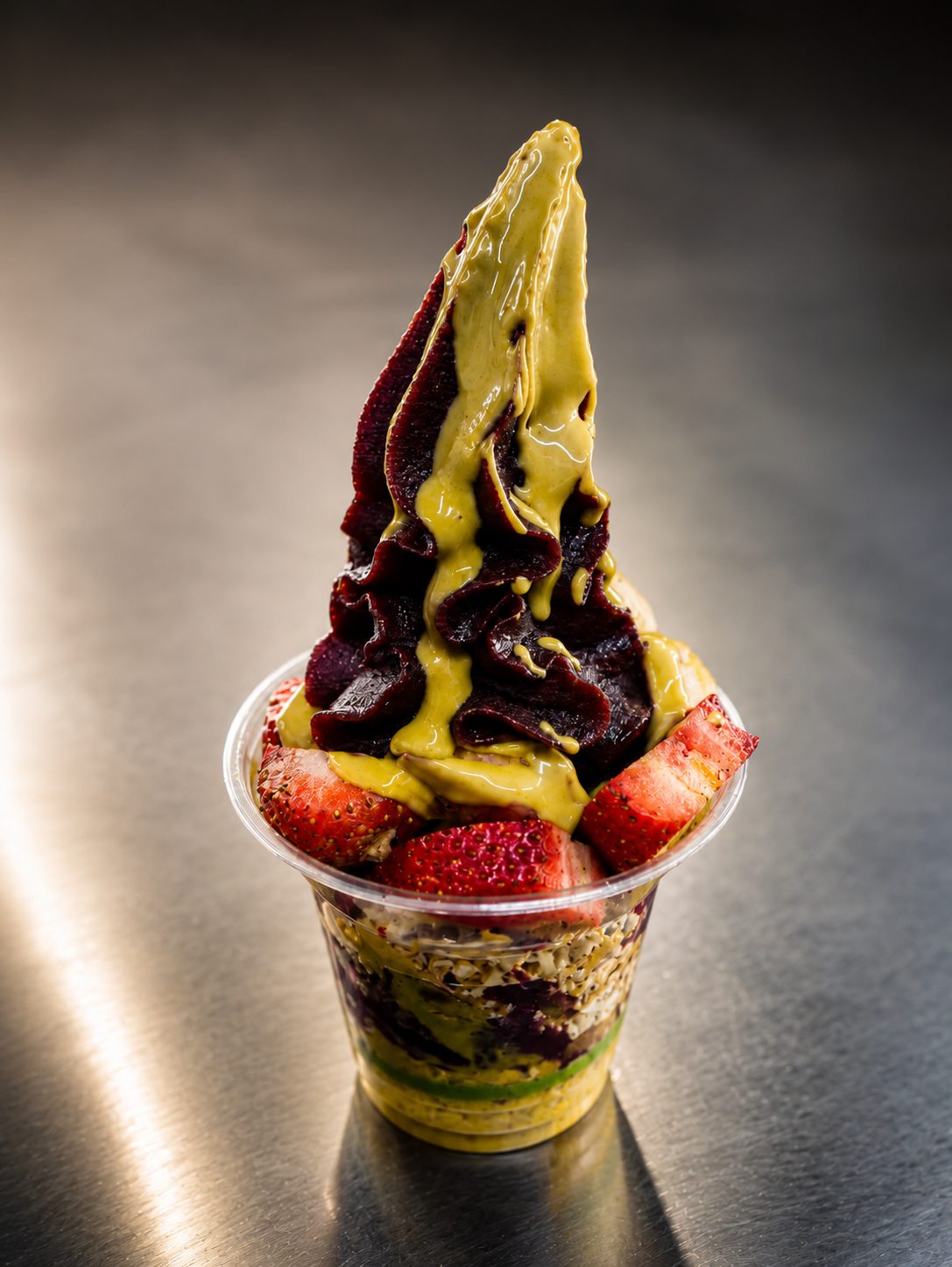 An açaí bowl with pistachio sauce and kataifi