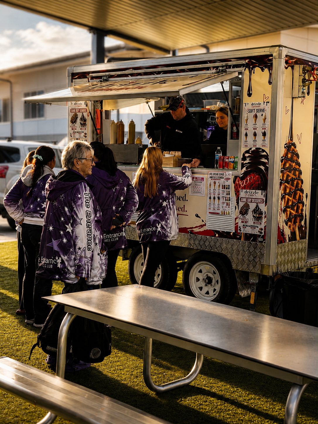Customers in club jackets being served a stick waffle at the van window, late afternoon