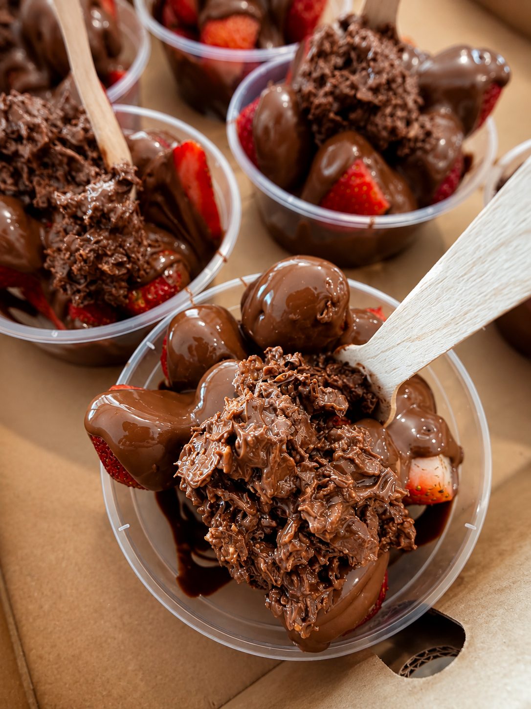 Strawberry cups loaded with chocolate sauce and chocolate crunch
