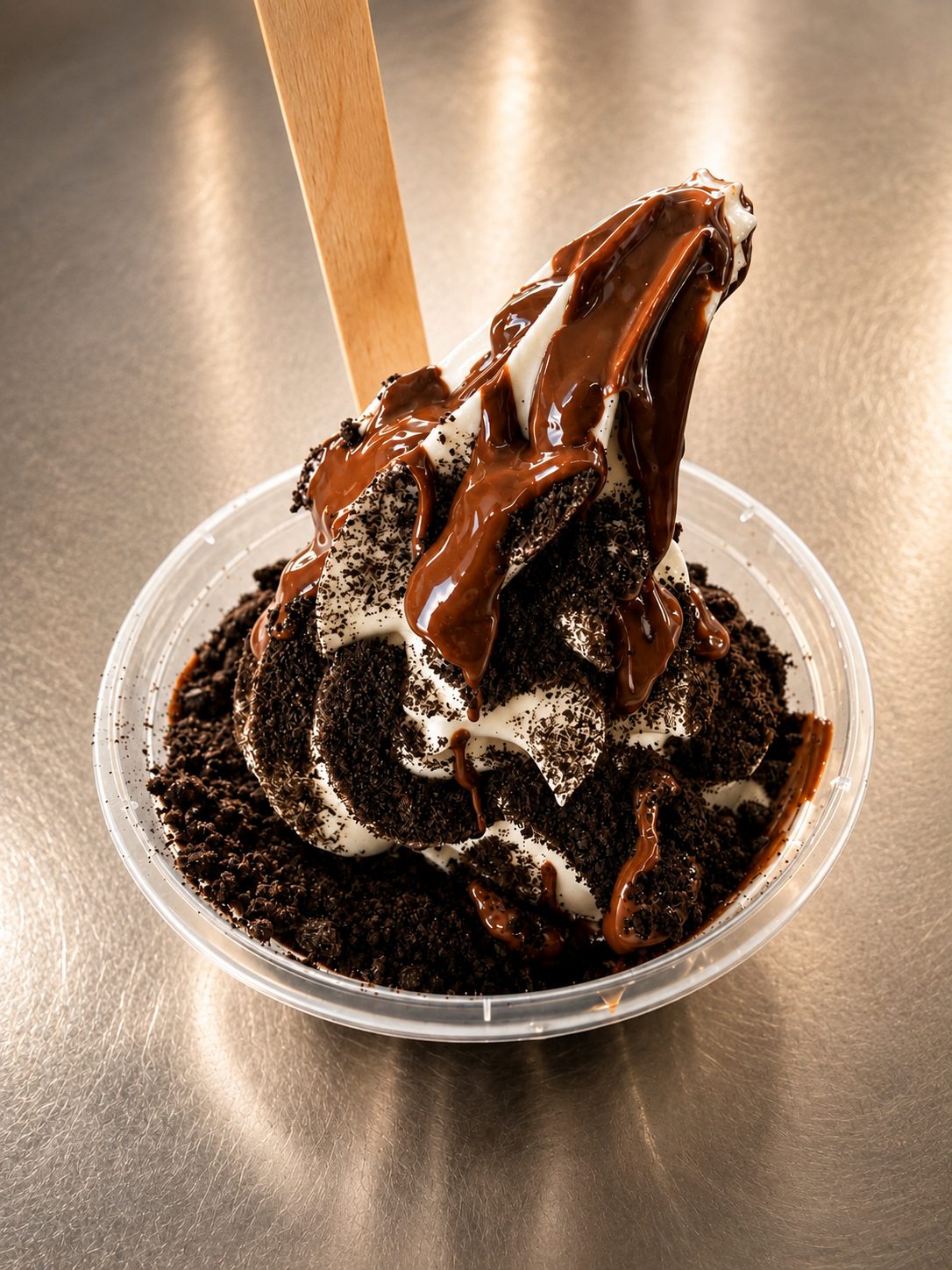 A soft serve sundae loaded with Oreo crumb, with chocolate sauce being poured over the top
