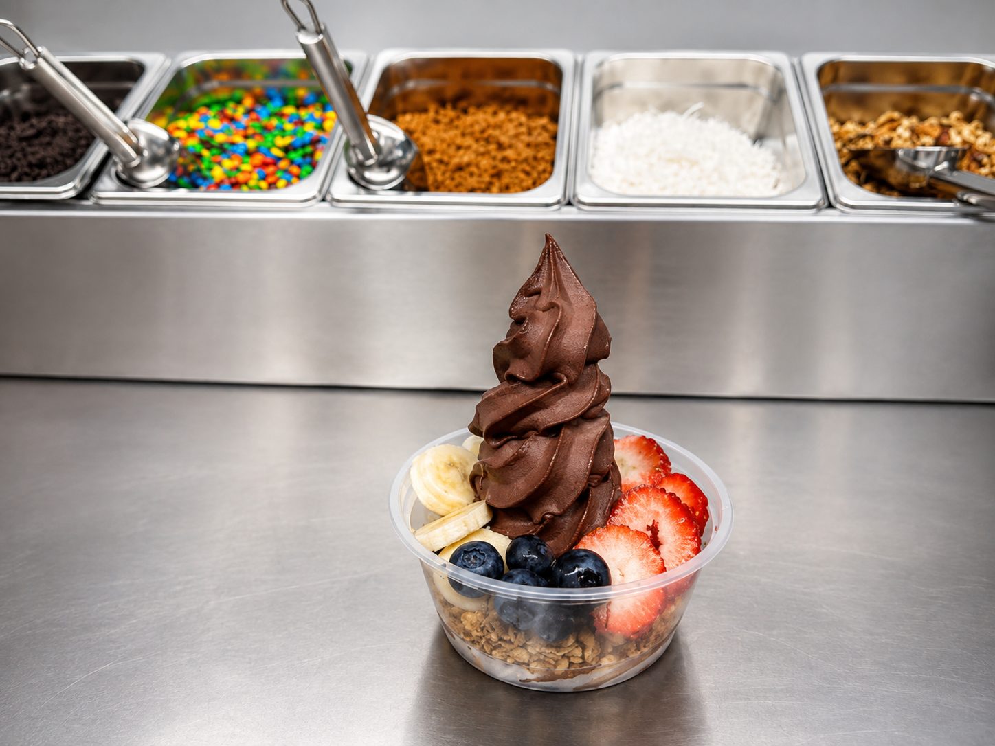 A chocolate bowl with banana, blueberries and strawberry on the counter, with the topping pans behind it: choc chips, M&Ms, Biscoff crumb, coconut and granola