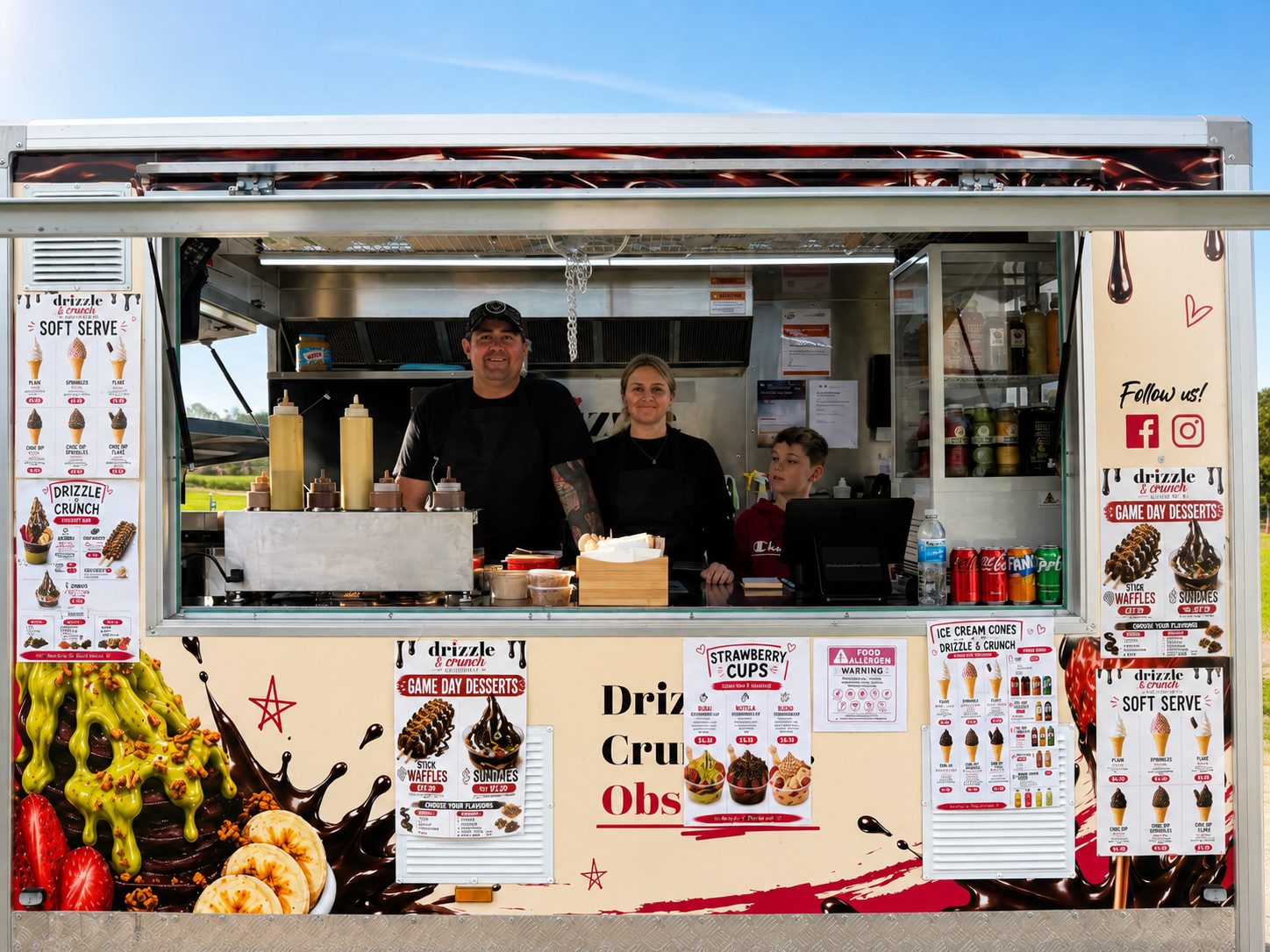 The family serving from the window of the Drizzle & Crunch van